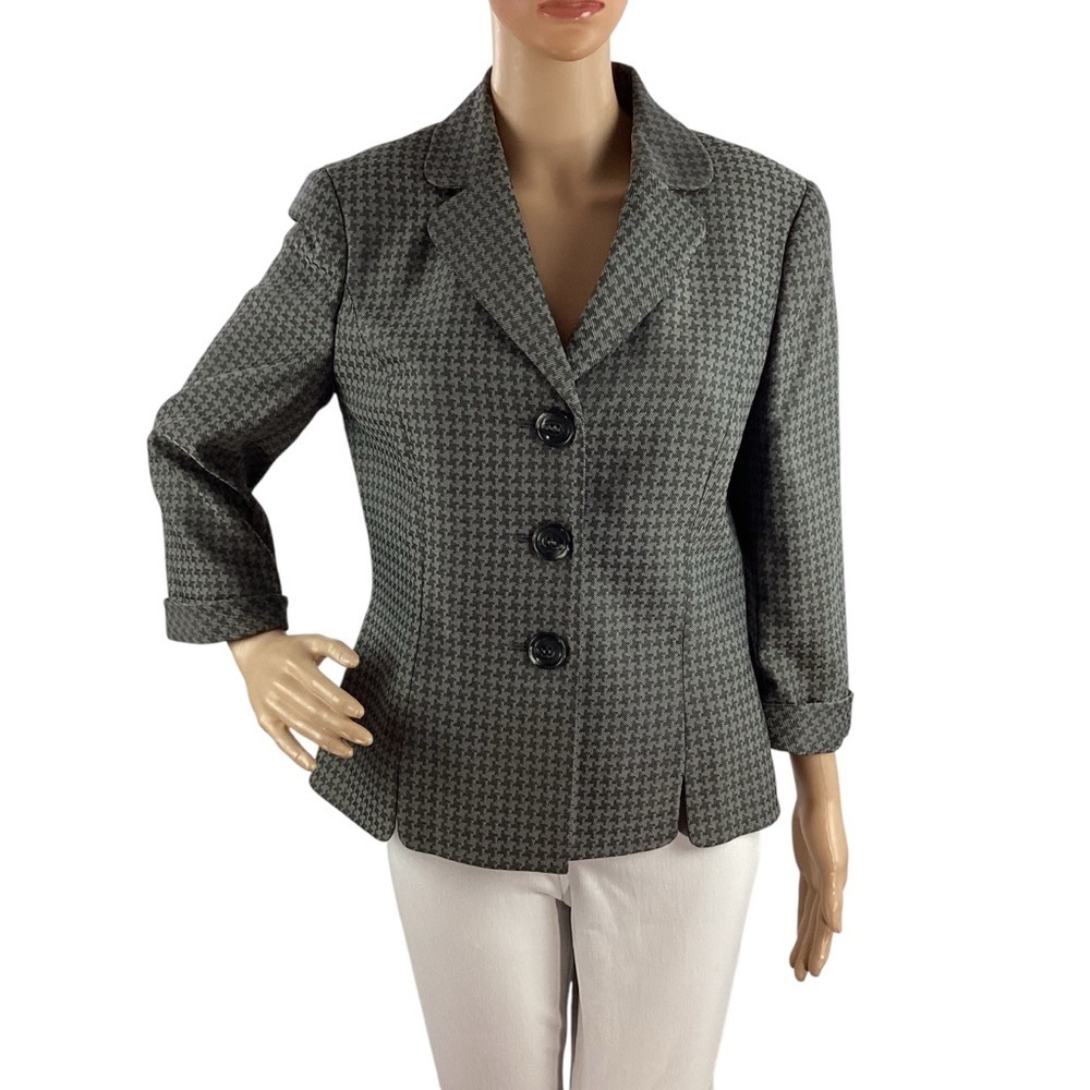 Le Suit Black Gray Houndstooth 3 Button Blazer Jacket Size 8